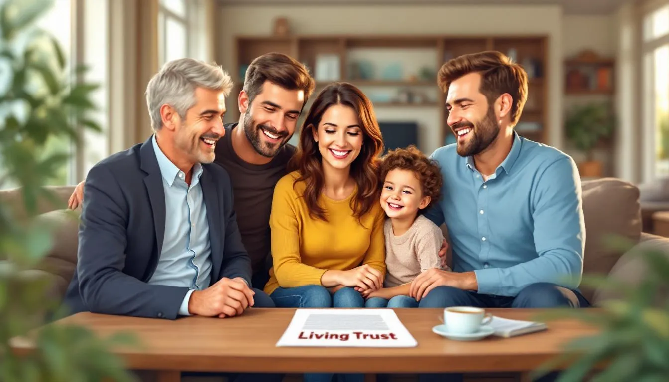 An illustration showing a family gathered around a table, discussing important documents related to a living trust, symbolizing the benefits of estate planning and the protection of their family's future. The scene conveys a sense of security and collaboration, highlighting the importance of working with experienced estate planning attorneys.