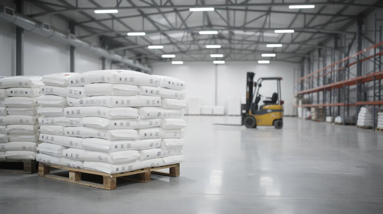 The image depicts neatly stacked bags of milk powder in a clean industrial warehouse, highlighting the organization typical of a milk powder manufacturing plant. In the background, a forklift is visible, indicating the operational efficiency and logistics involved in the milk powder industry.