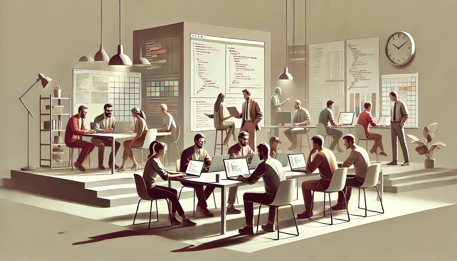 A lot of people working on a project in an office illustration