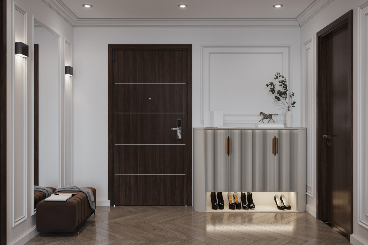 Smart use of wall space in a guest bedroom with open shelving.