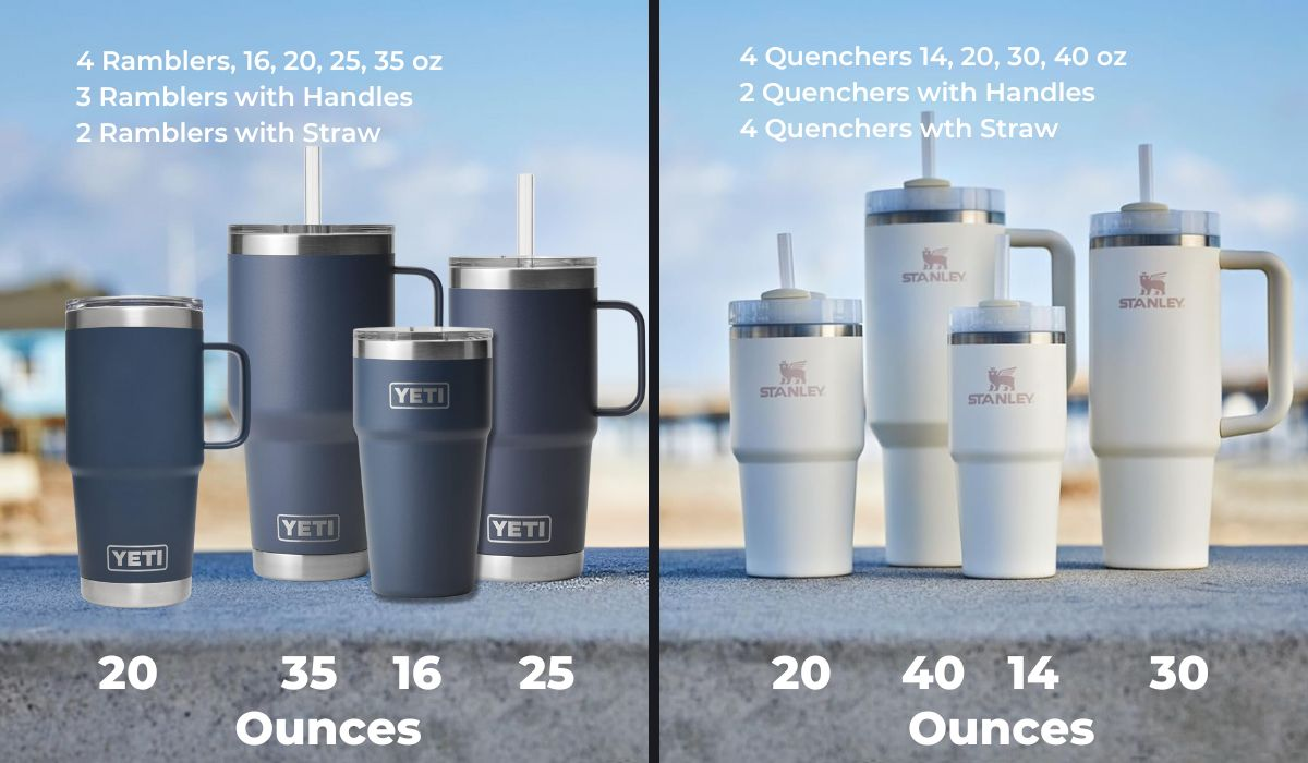 Capacity Options: STANLEY vs YETI, each have four sizes in this comparable line of tumblers.
