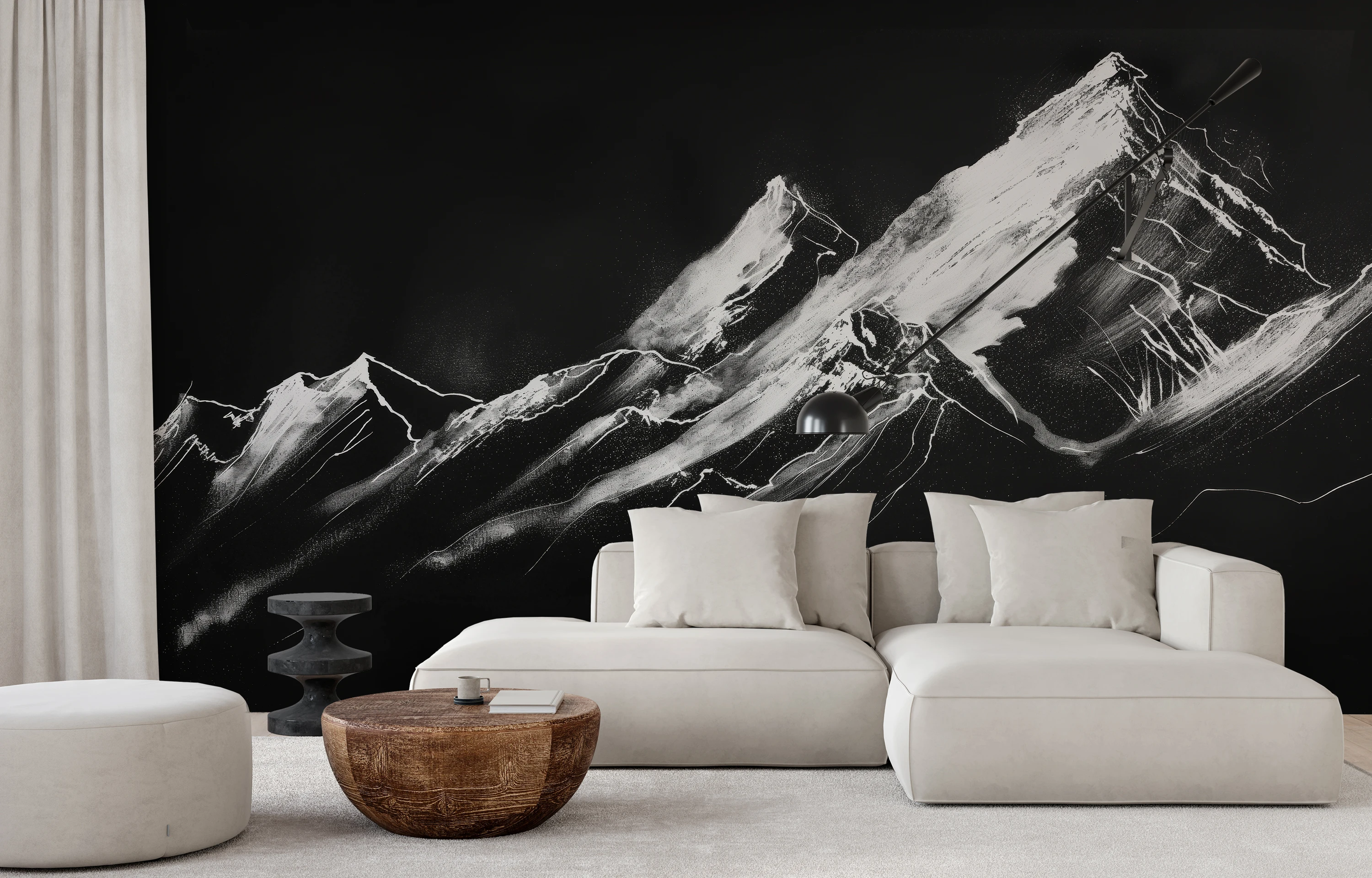 A black and white photo wallpaper with a dynamic portrait of mountains, whose play of light and shadow adds a modern, monochromatic look to the space.
