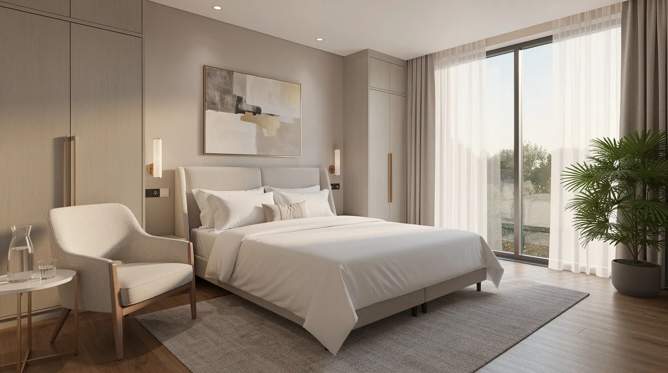 The image depicts a comfortable private room in a luxury rehab facility, featuring large windows that allow for ample natural lighting, creating a warm and inviting atmosphere. This supportive environment is designed for individuals undergoing alcohol detox and managing withdrawal symptoms, providing a serene space for recovery from alcohol use disorder.