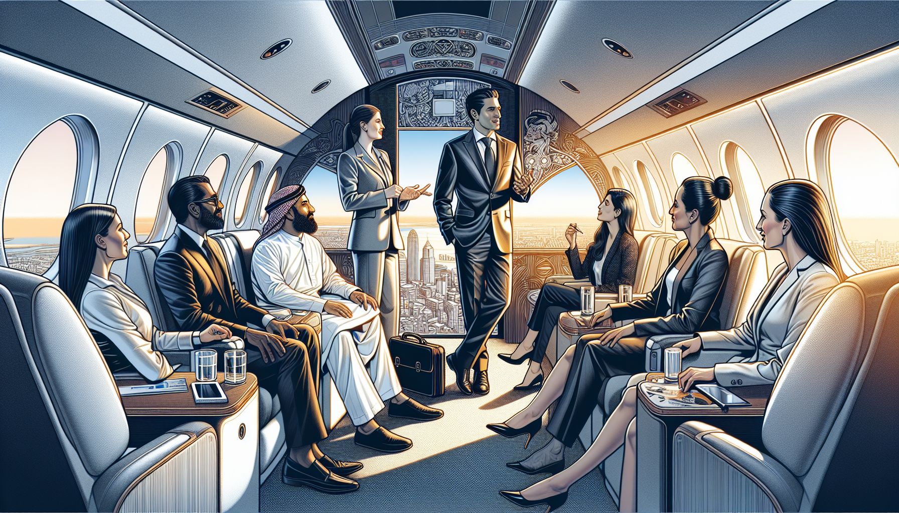 Business professionals networking in a private jet