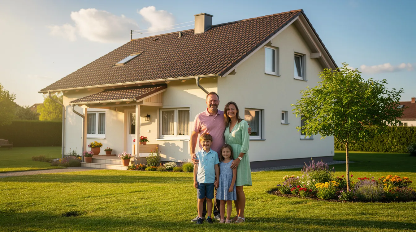 Das Bild zeigt ein kleines Einfamilienhaus mit einem gepflegten Garten an einem sonnigen Tag. Vor dem Haus steht eine Familie mit zwei Kindern, die gemeinsam die Zeit im Freien genießen, während sie möglicherweise über Themen wie Wohngeld oder die Unterstützung für Wohneigentümer sprechen.