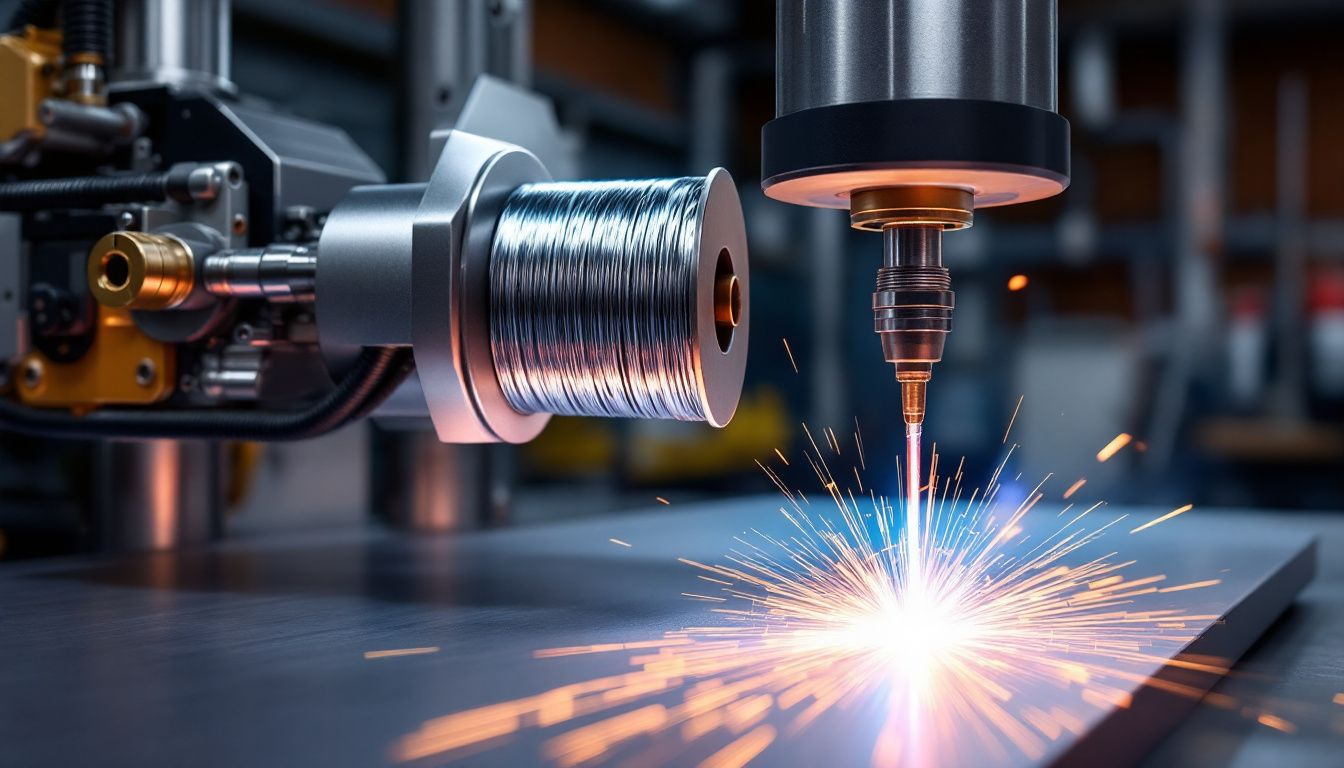 Solid MIG welding wire spooling from a welding machine during a welding process.