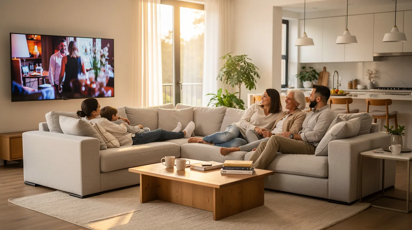 A family is enjoying quality time together in a spacious living room, lounging on a large L-shaped sectional sofa while some watch TV and others engage in conversation. The bright, open-plan design allows for plenty of natural light, creating a cozy atmosphere perfect for movie nights and relaxation.