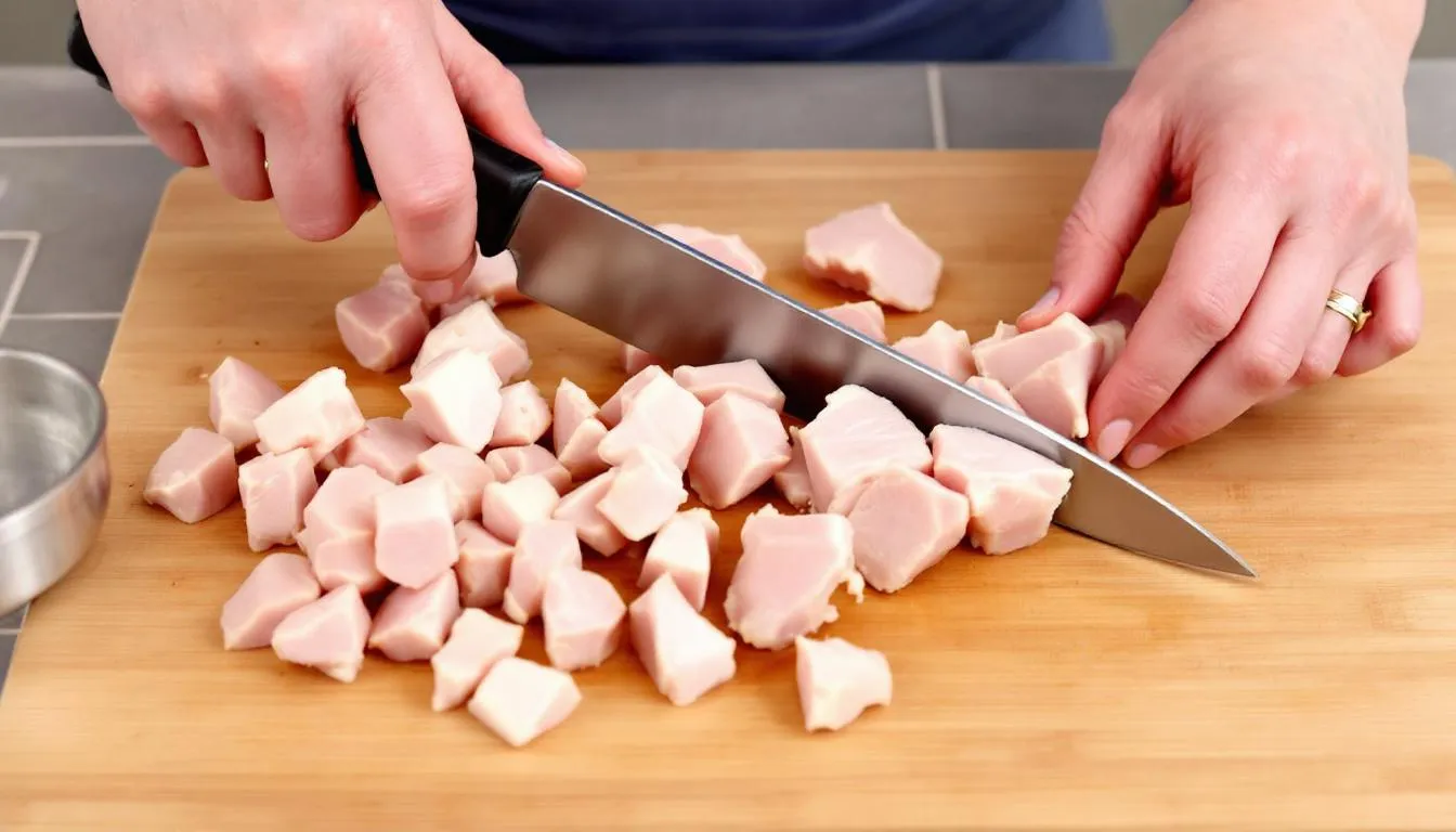 In the image, hands are seen cutting plain cooked turkey breast into small, dog-appropriate pieces, making it a safe and healthy treat for dogs. This preparation ensures that pet owners can feed their dogs turkey without the risk of choking hazards or digestive issues.