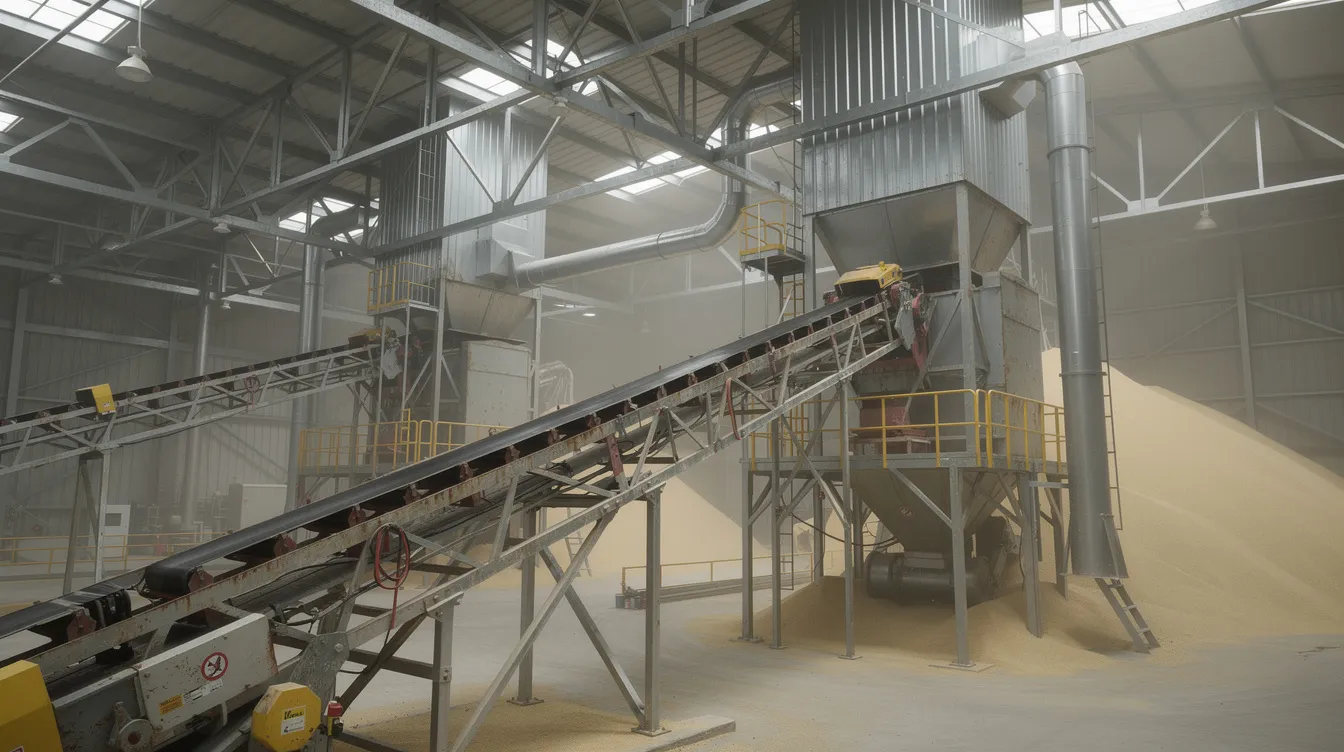 9af399c2 6197 4f27 9531 fadf5df632d5 The image depicts industrial belt conveyors and bucket elevators within a grain handling terminal, showcasing a robust steel structural framework and dust collection hoods. This facility is designed for efficient grain transportation and storage, ensuring optimal operation during the harvest season.
