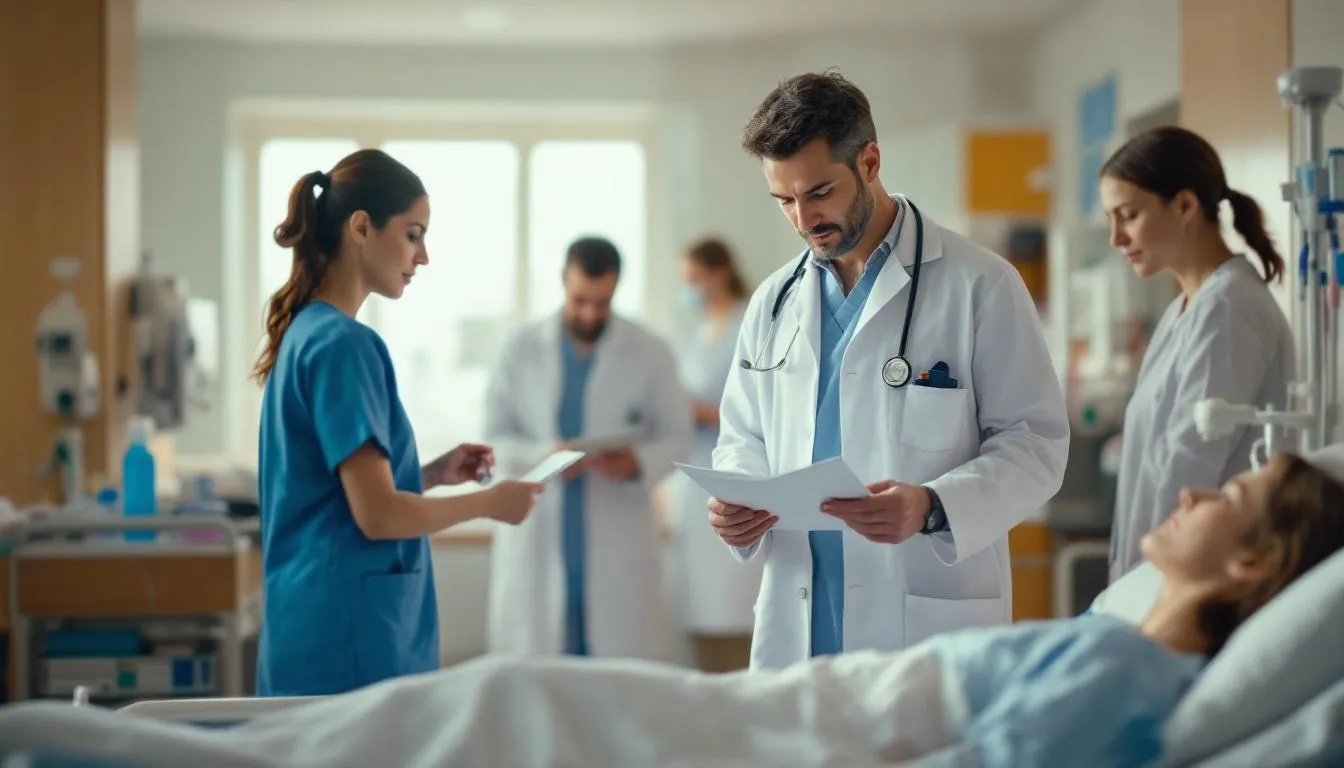 Healthcare professionals collaborating in a patient care setting.