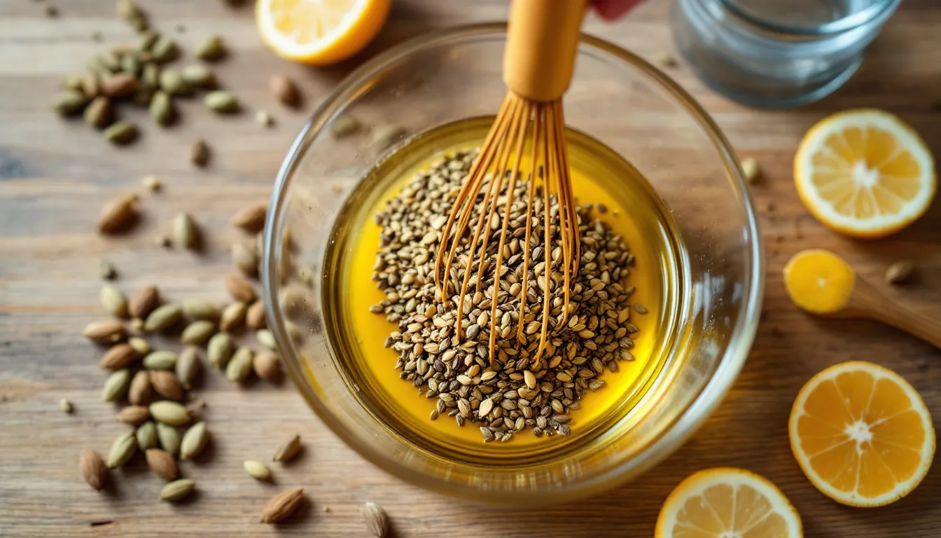 An overhead shot captures crushed cardamom seeds being whisked into a glass bowl with olive oil and citrus, creating a flavorful blend perfect for savory dishes and baked goods. Whole cardamom pods and vibrant citrus slices are artfully arranged around the bowl, highlighting the essence of fall spices and seasonal ingredients.