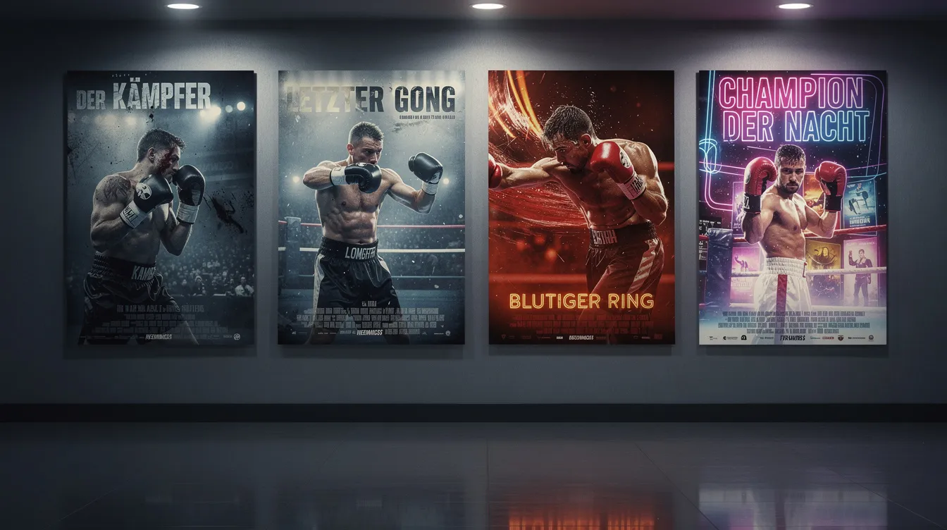 Vier Filmplakate hängen nebeneinander an einer Wand und zeigen verschiedene Boxer in dynamischen Kampfposen, die von düsteren bis hin zu leuchtenden Farben variieren. Die Plakate vermitteln eine eindrucksvolle Kinoatmosphäre und erinnern an legendäre Figuren wie Rocky Balboa und Apollo Creed.