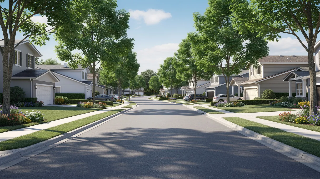 The image depicts a peaceful residential neighborhood street lined with well-maintained homes and mature trees, creating a serene atmosphere. This community in Vancouver, WA, showcases the charm of family businesses like Sarkinen Plumbing, known for their reliable plumbing services and exceptional customer service.