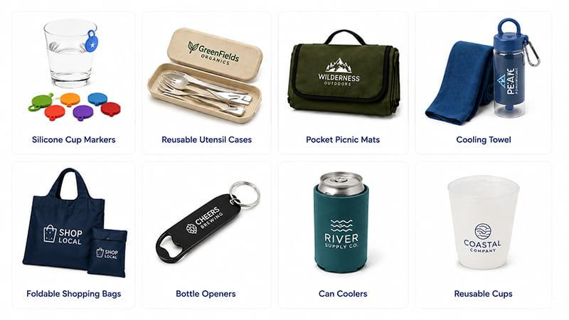 Event and outdoor giveaways featuring cup markers, reusable utensils, picnic mats, cooling towels, foldable bags, bottle openers, can coolers, and reusable cups