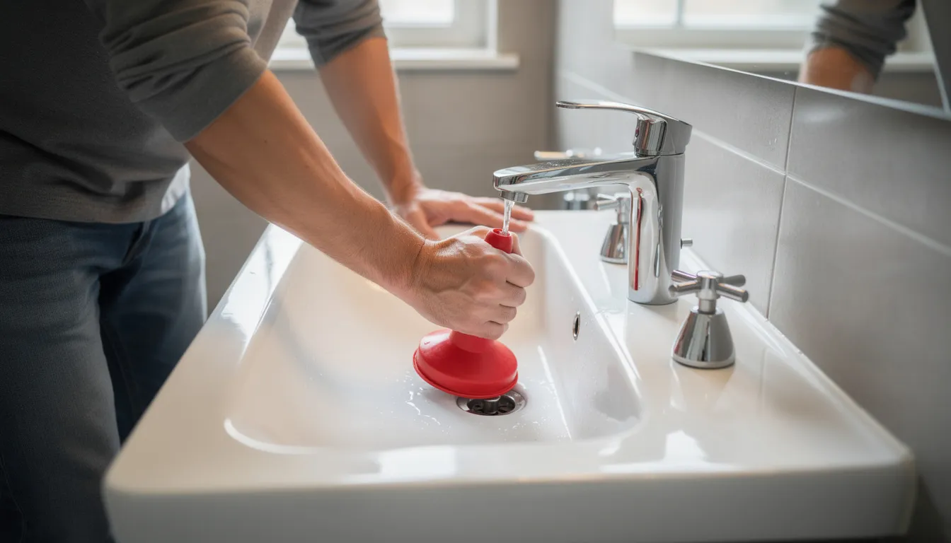 A homeowner is using a cup plunger on a bathroom sink drain to address a clogged drain issue, attempting to clear stubborn clogs and restore proper water flow in their home's plumbing system. The scene highlights the common struggle with slow drains and the importance of routine maintenance for effective drain cleaning.