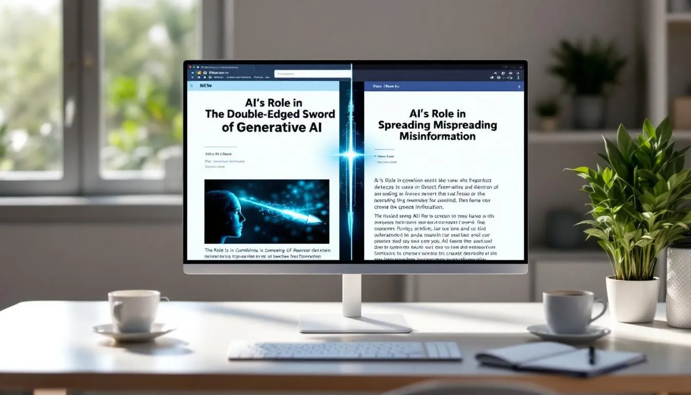 The image depicts a conceptual representation of artificial intelligence as a tool in combating misinformation and fake news, illustrating the dual nature of generative AI. It features symbols of technology, such as a computer and social media icons, alongside visual elements representing false information, highlighting the importance of media literacy skills and human judgment in discerning truth from misleading content.