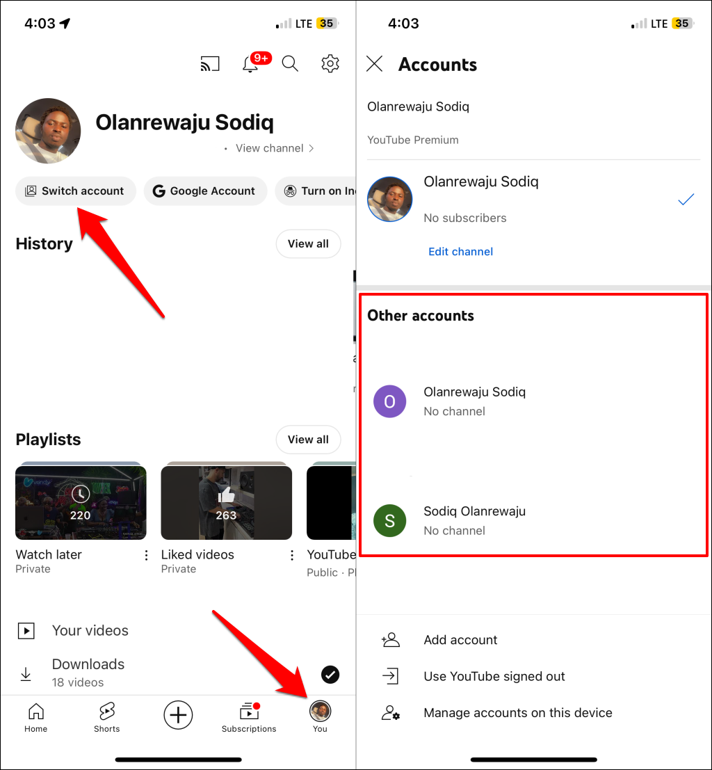 Steps for switching accounts in the YouTube mobile app