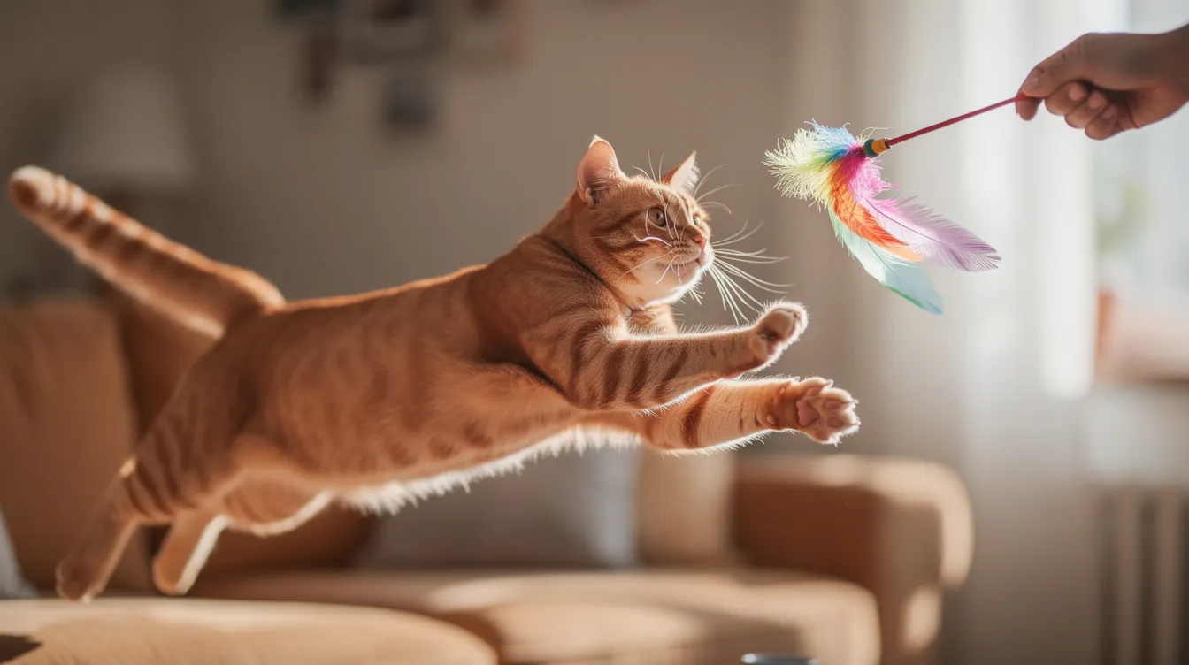 An energetic orange cat is captured mid-leap with its paws outstretched, trying to catch a feathered wand toy held above by a human hand, showcasing the playful nature of interactive cat toys that keep pets entertained for hours.