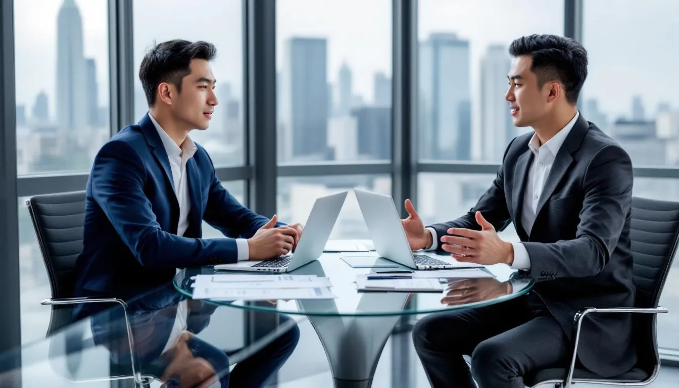 Two Asian businessmen are engaged in a meeting, discussing strategies for lead generation and enhancing their sales team's effectiveness. They are seated at a conference table with laptops and documents, emphasizing the importance of optimizing their website to attract quality leads.