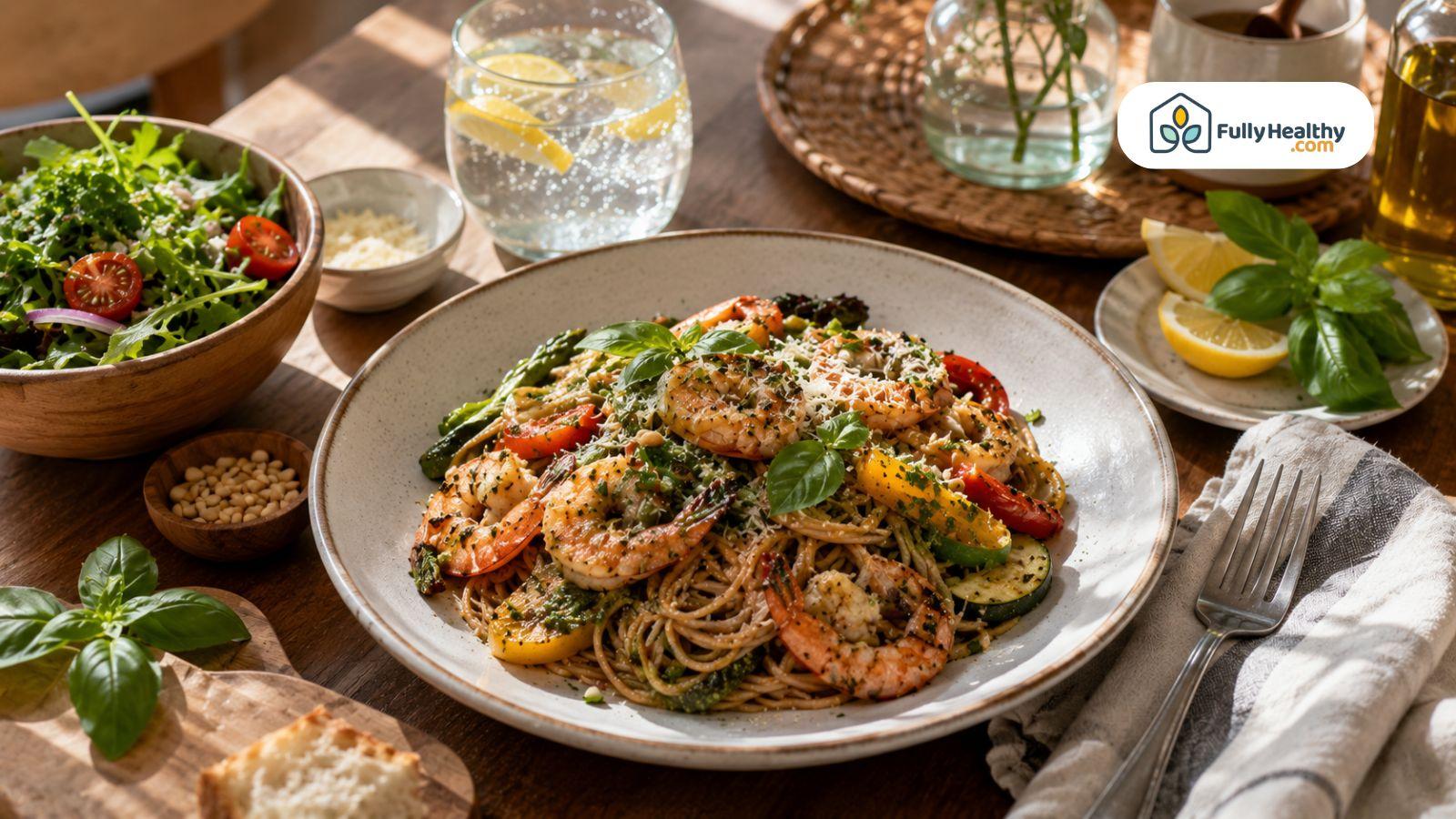High-protein pasta with shrimp vegetables parmesan basil and fresh garden salad