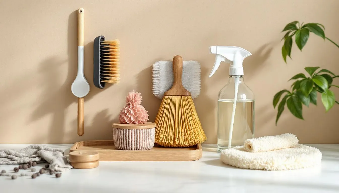 eco-friendly cleaning kit that includes various natural cleaning products packaged in glass spray bottles. These spray bottles are designed for everyday cleaning without harsh chemicals, promoting a healthier home environment while remaining gentle on surfaces.