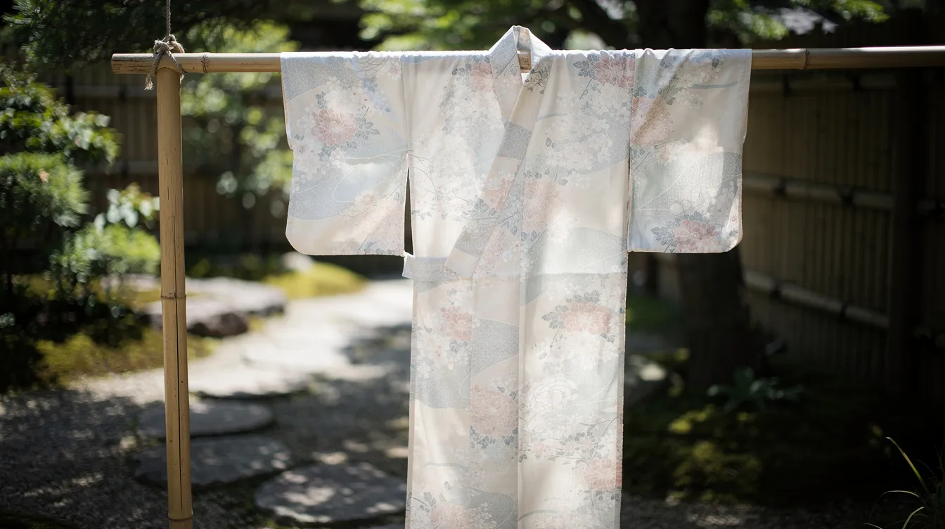 A cotton yukata with vibrant floral patterns hangs gracefully on a wooden laundry pole in a shaded outdoor area, showcasing its delicate fabric. This traditional garment is well-ventilated and air-dried, emphasizing the care needed to prevent color fading and maintain its quality.