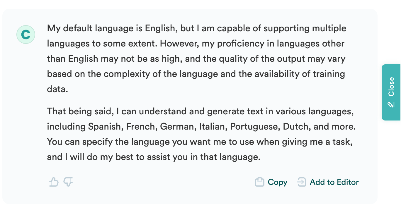 Copy.ai's response to being asked about the languages it speaks