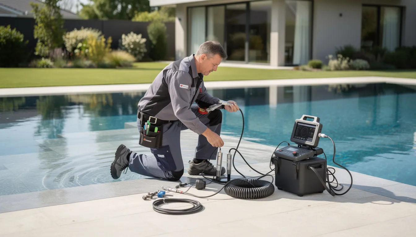 A professional leak detection technician is using specialized equipment to locate underground pipes near a residential swimming pool.