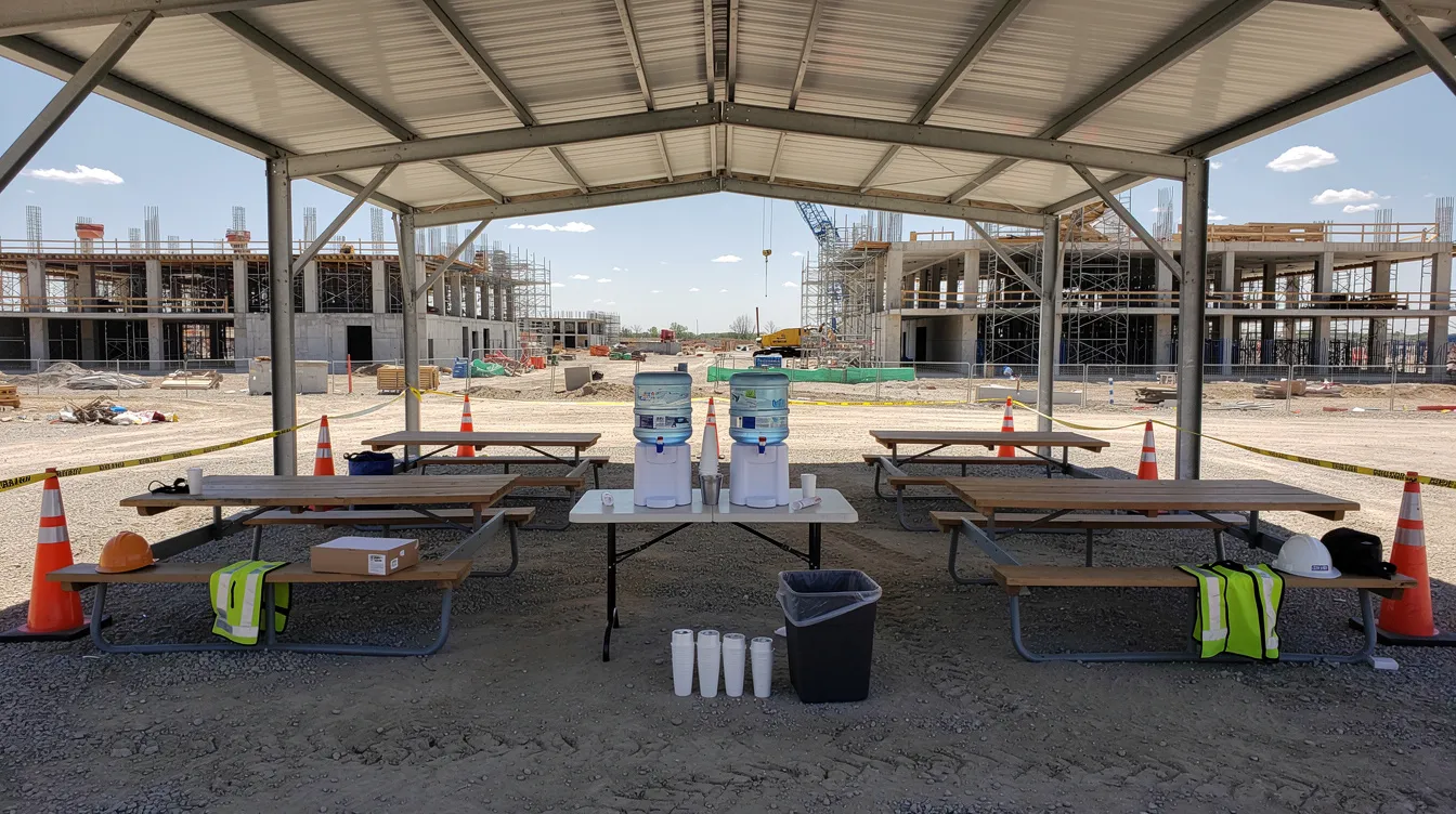 The image depicts a shaded rest area at a construction job site, featuring water coolers and benches situated under a protective canopy. This setup is essential for preventing heat-related illnesses among construction workers, providing a space to take frequent breaks and reduce heat stress in extreme heat conditions.