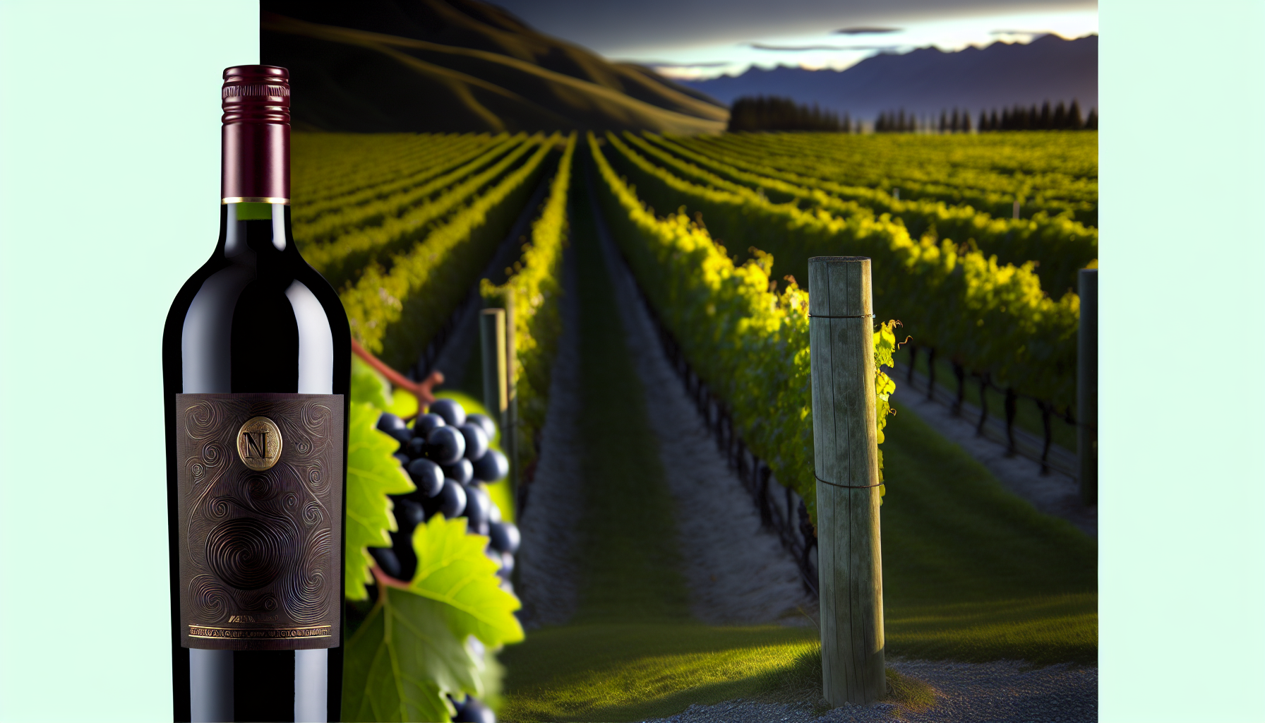 Elegant bottle of NZ Cabernet Sauvignon with vineyard in the background