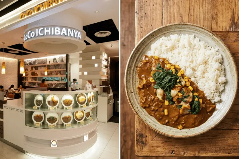 A side-by-side photo showing the modern, brightly lit storefront of a CoCo Ichibanya restaurant with a curved display of plastic food models on the left, and an overhead shot of a hearty bowl of Japanese curry rice topped with sliced pork, spinach, and sweet corn on the right.