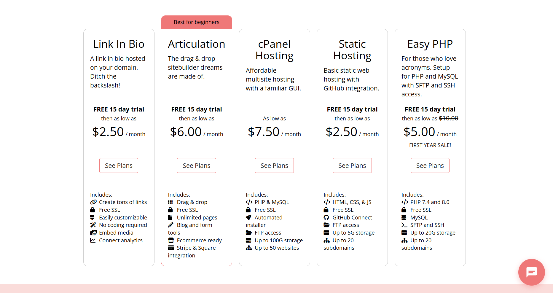 A screenshot of Porkbun plans