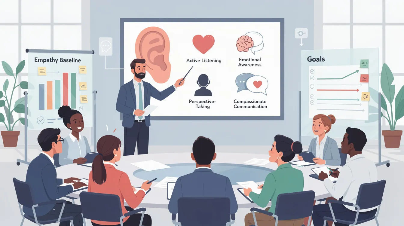 The image depicts a diverse group of empathetic leaders engaged in a meeting, actively listening to their team members as they share different perspectives. The scene emphasizes the importance of demonstrating empathy through compassionate communication, fostering positive outcomes and employee satisfaction within the workplace.