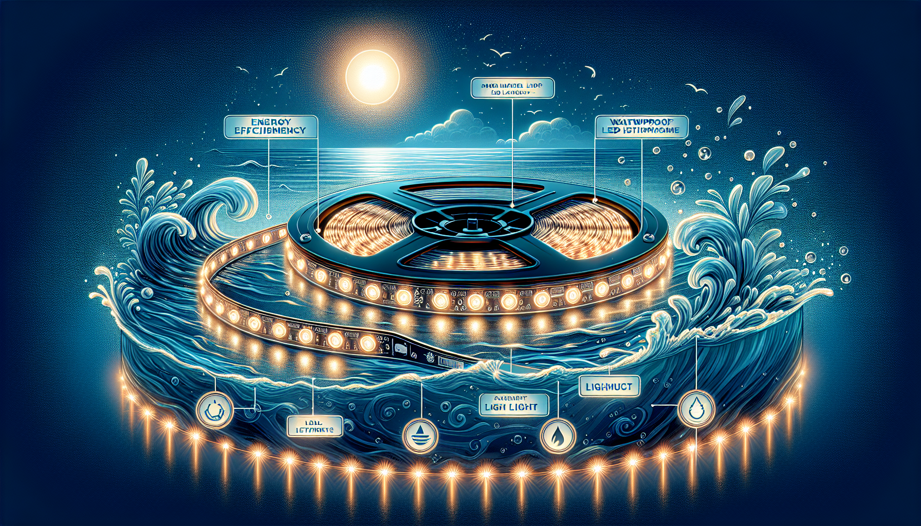 An illustration highlighting key features of marine LED tape lights.