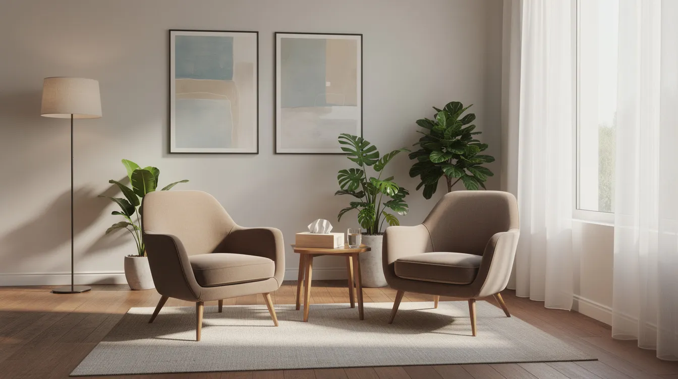 The image depicts a serene therapy office featuring comfortable chairs and abundant natural light, creating a welcoming environment for mental health professionals to conduct psychosocial treatment sessions. This calming space is designed to support individuals dealing with mental health conditions, offering a place for talk therapy and cognitive behavioral therapy.