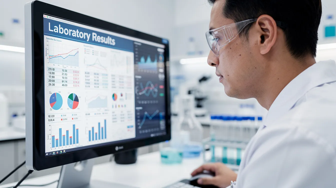 A researcher is intently examining laboratory results displayed on a screen in a clinical setting, focusing on the potential health benefits of cannabinoids like CBD and CBN for medical cannabis patients. The analysis may include insights into pain management, sleep disorders, and the interaction of cannabinoids with the endocannabinoid system.