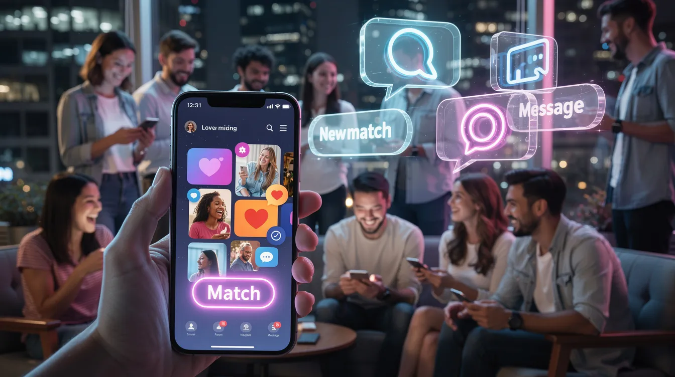 The image showcases a modern digital interface displaying various icons and features of the best dating apps of 2026, highlighting options for online dating, casual connections, and serious relationships. Emphasizing safety features and premium memberships, it reflects the evolving landscape of dating platforms aimed at helping users find meaningful connections in the digital age.