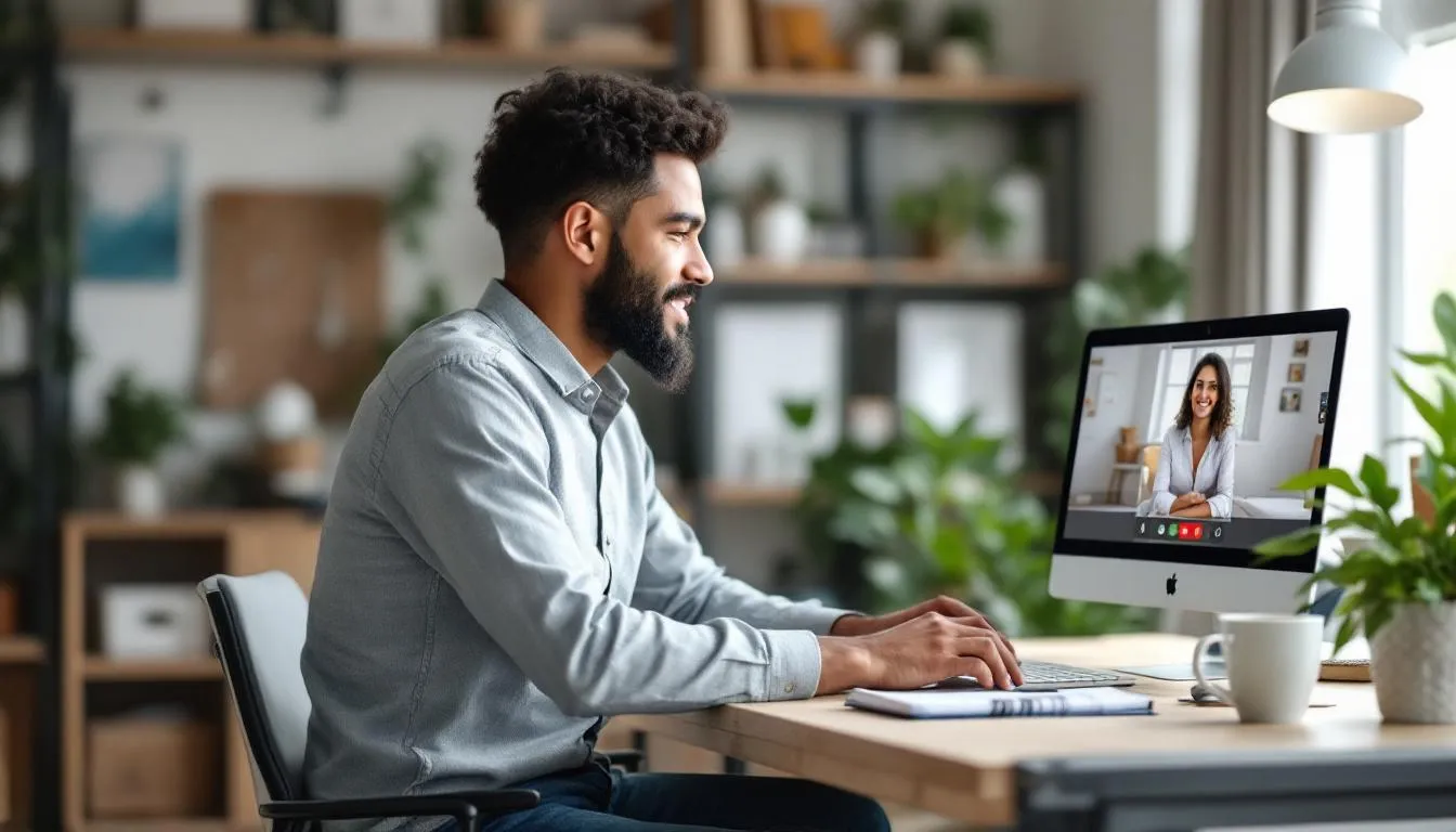 Steuer und Arbeit: In der Abbildung sieht man einen Mitarbeiter, der an einem Videocall teilnimmt, während er von der Homeoffice-Pauschale profitiert. Er sitzt an einem Küchentisch, umgeben von Arbeitsmaterialien, und nutzt die Möglichkeit, die durch die häusliche Arbeitsumgebung entstanden Kosten in seiner Steuererklärung geltend zu machen.