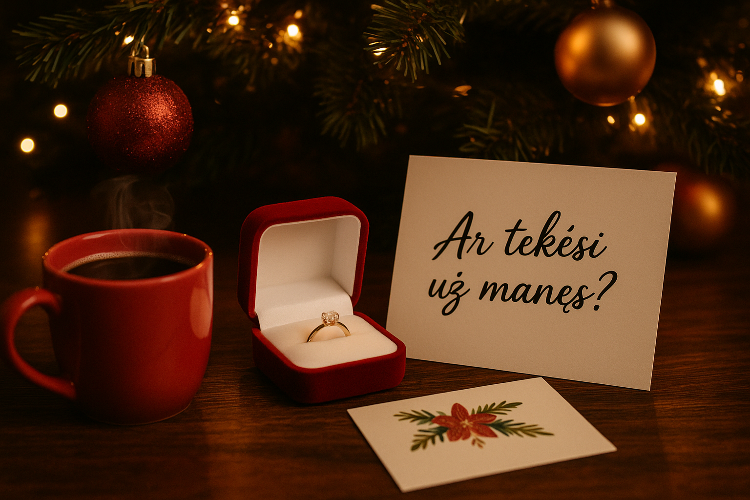 Sužadėtuvių žiedas dėžutėje po Kalėdų eglute, šventinė ir romantiška nuotaika.