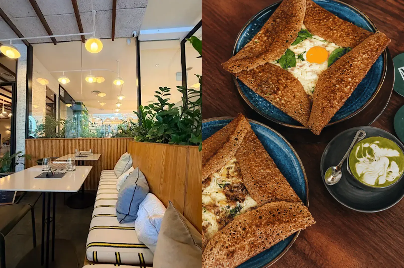 French Fold cafe interior with its warm colored panels and tables accented with plant decors and their signature Buckwheat Galette with Mushrooms and Ham.