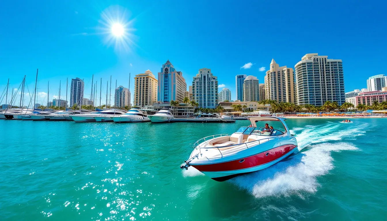 A beautiful view of Miami Beach with boats in the water, showcasing popular boat rental options.