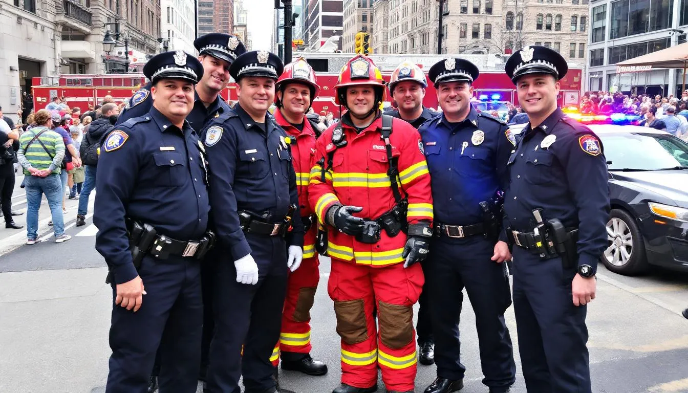The image depicts police officers and firefighters in uniform standing together, symbolizing the camaraderie and shared commitment of public employees in New Jersey. Their presence highlights the importance of retirement benefits and pension systems, such as the police and firemen's retirement systems, that support these dedicated individuals throughout their careers and into retirement.