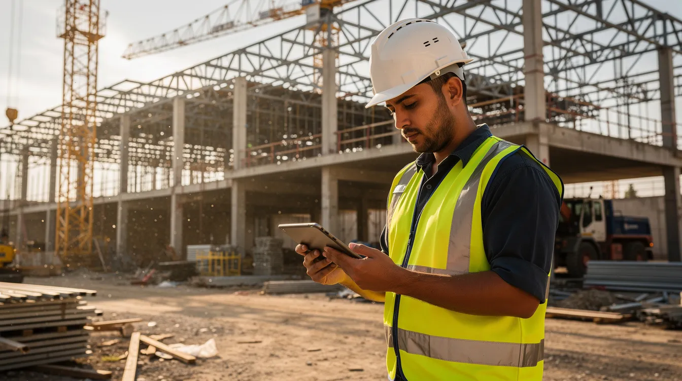 A construction worker using a tablet device at a construction site to access apprenticeship program management information.