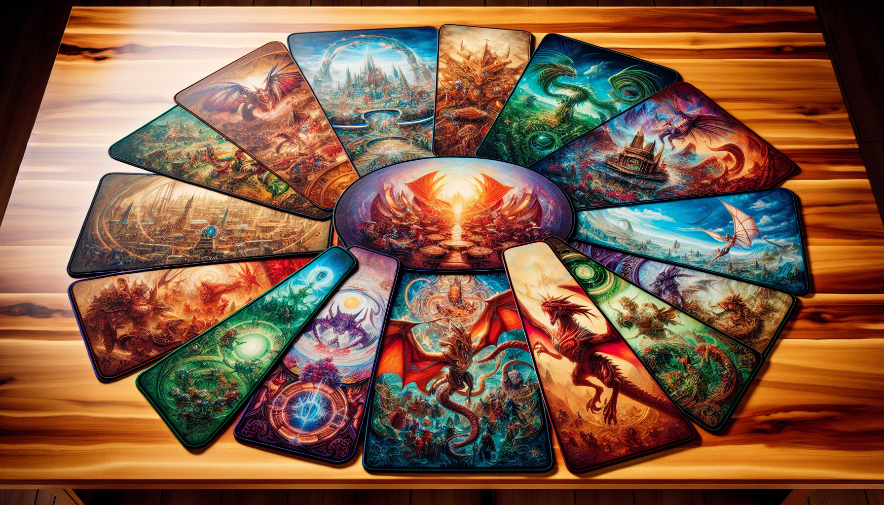 A diverse collection of MTG playmats displayed on a table.