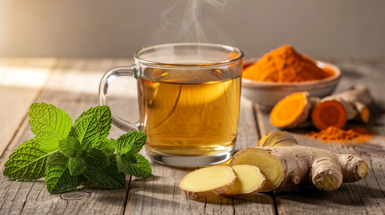 The image features an aesthetically arranged selection of herbal tea ingredients, including fresh ginger root, vibrant green peppermint leaves, and bright yellow turmeric. This combination is ideal for those looking to improve gut health and support digestion with natural, gut-friendly components.