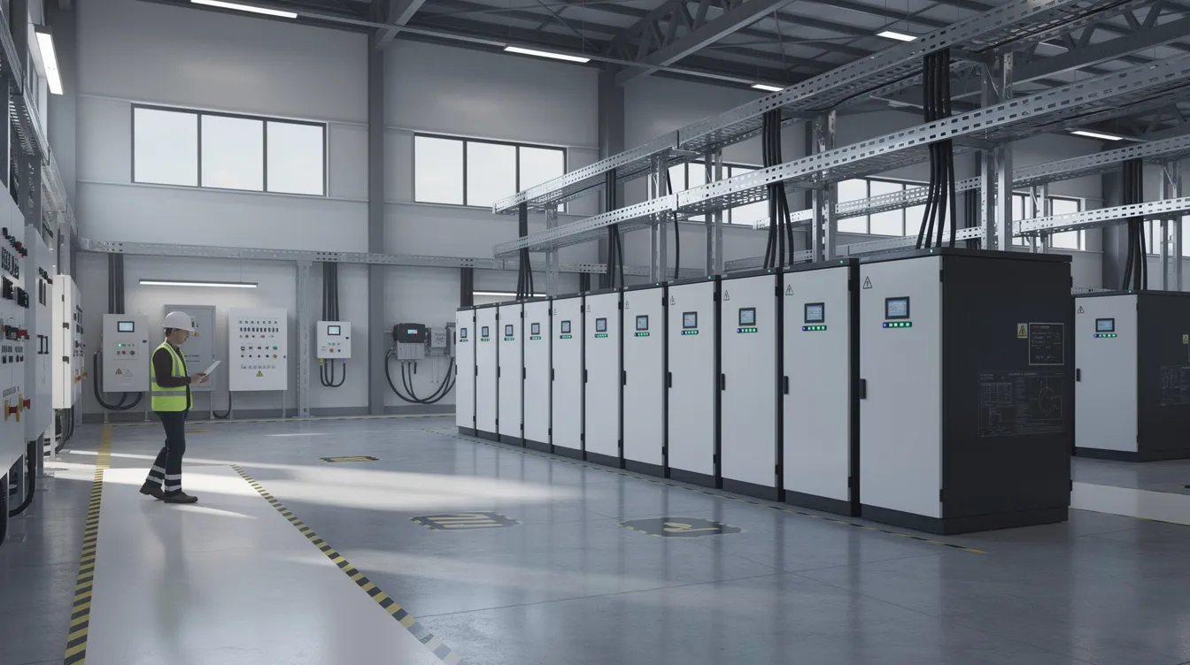 Na zdjęciu znajduje się system magazynowania energii zainstalowany w hali przemysłowej, który odgrywa kluczową rolę w poprawie efektywności energetycznej przedsiębiorstwa. W tle widoczne są różne urządzenia oraz infrastruktura, które wspierają oszczędności energii i optymalizację zużycia energii w działalności gospodarczej. Ustawie, tę stronę ostatnio edytowano, pracowników, usług, optymalizacja, podmioty, osoby prawne, działalności gospodarczej