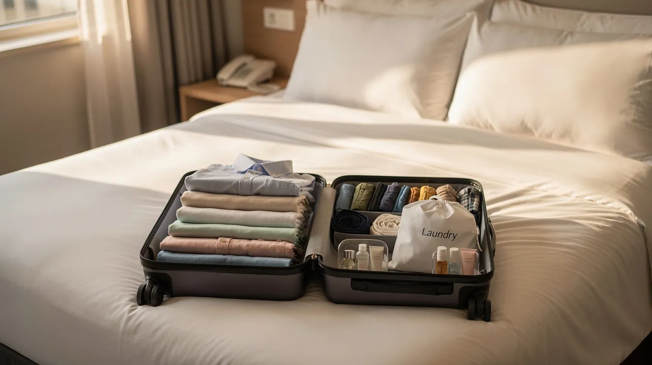 An open suitcase sits on a hotel bed, showcasing neatly organized clothes and a small laundry bag, providing a practical solution for travelers to keep dirty clothes from smelling fresh during their trip. The scene emphasizes the importance of packing efficiently to maintain a clean scent in your luggage.