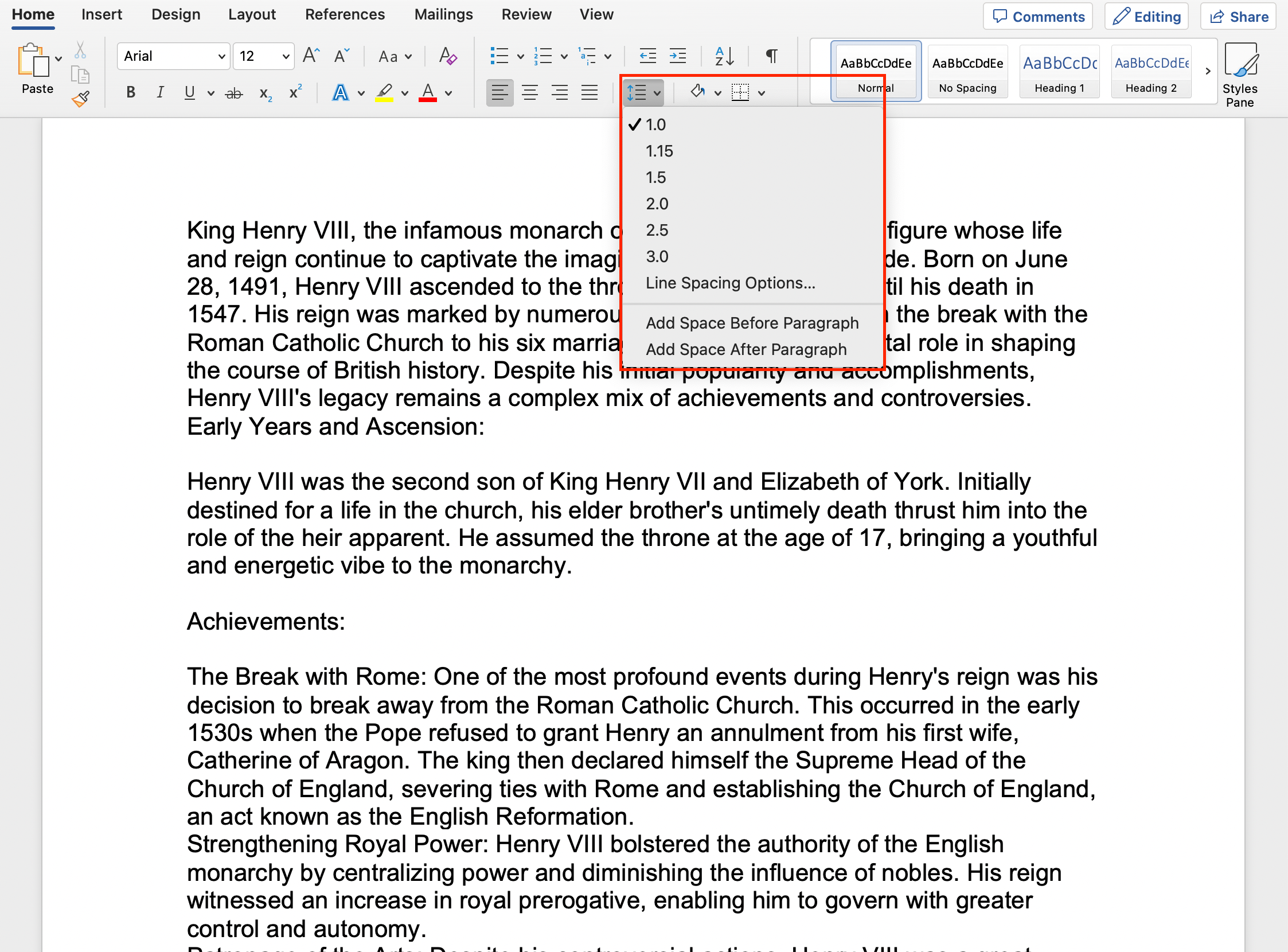 Double spacing using the Home Tab in Word