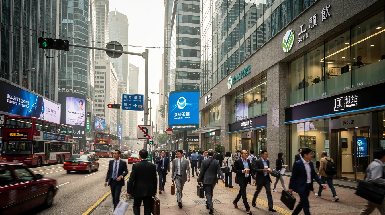 The image depicts a bustling street in Hong Kong's financial district, lined with various banks and finance company storefronts, including Welab Bank. The atmosphere is vibrant, showcasing the dynamic financial environment where services like private loans and low annual interest rates are prominently advertised.