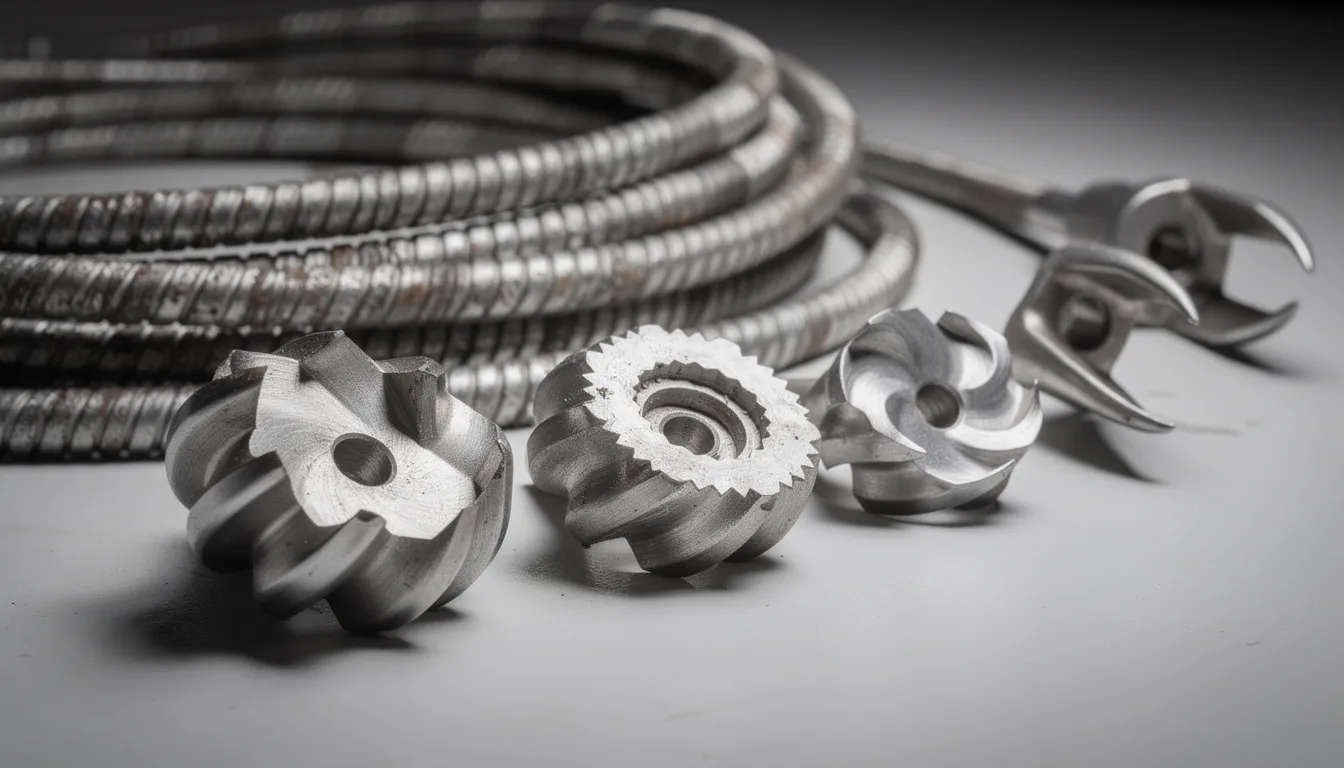 The image shows a close-up of professional drain cleaning equipment, featuring cables and cutting heads used for clearing clogged drains. This specialized gear is essential for drain cleaning services, helping to tackle stubborn clogs and ensure optimal water flow in plumbing systems.